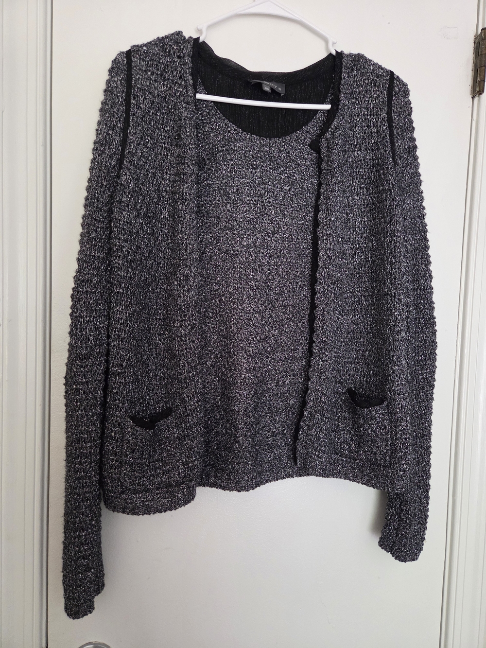 Matty M Black Silver Metallic Open Front Cardigan Jacket Elbow Patches XS